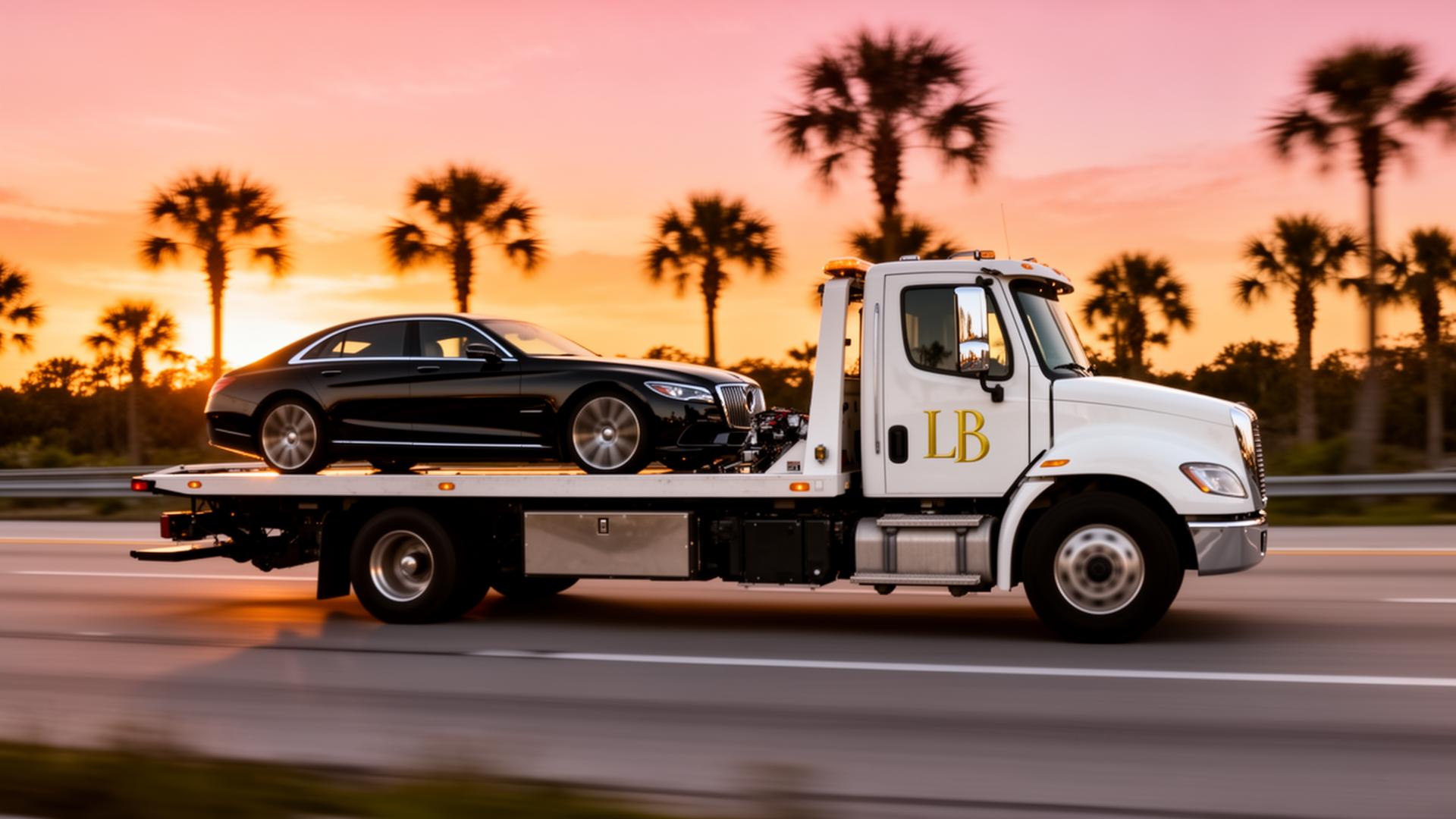 LB Carter flatbed truck transporting a luxury vehicle in Central Florida